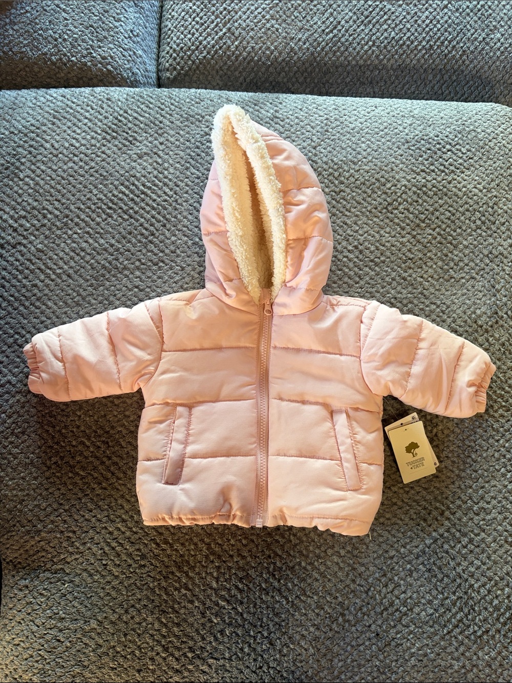 Tucker + Tate Light Pink Hooded Puffer Jacket with Sherpa Trim